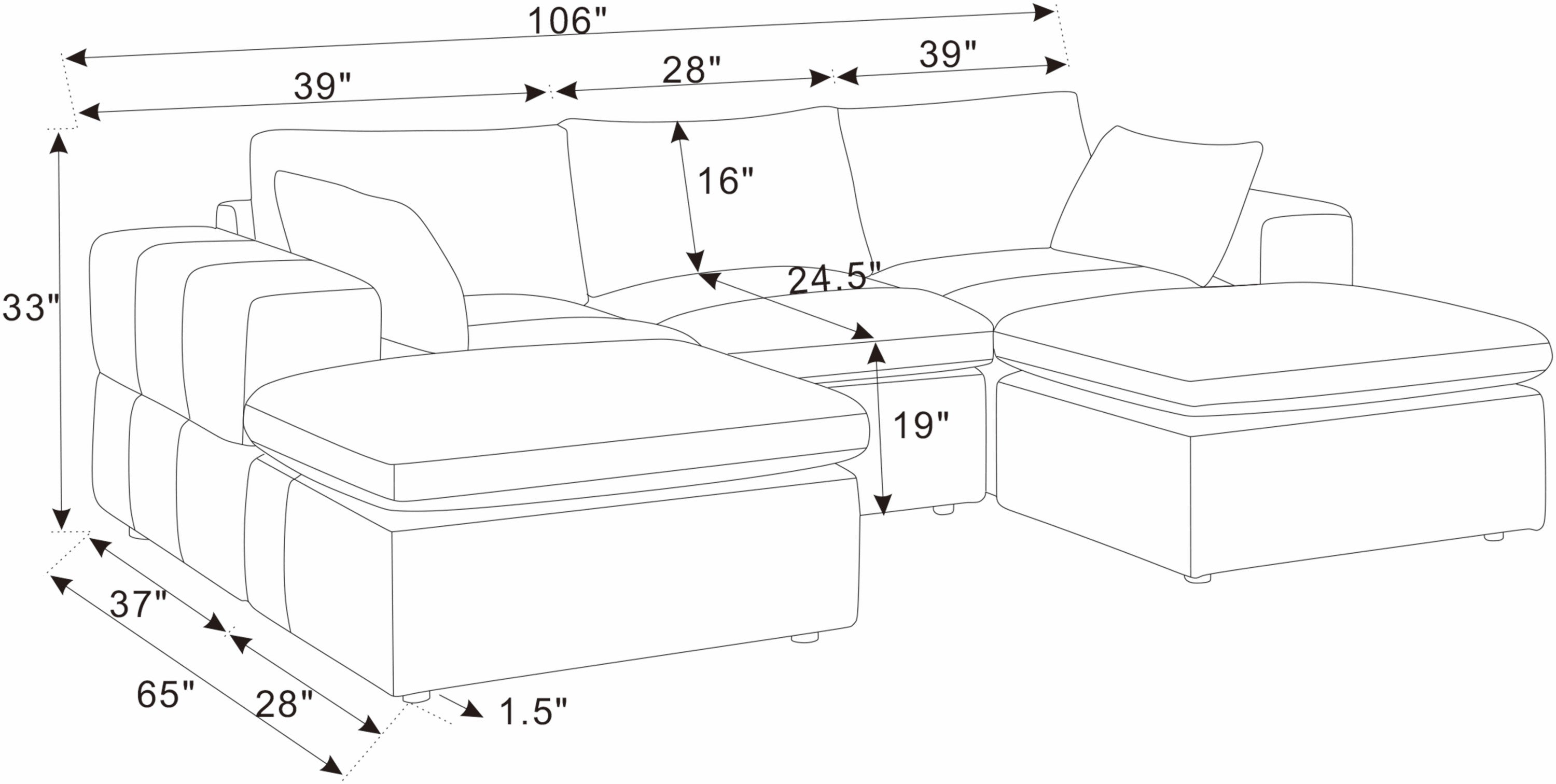 Dimension diagram of modular sectional with ottomans. Includes measurements for width, depth, height, and seat dimensions.