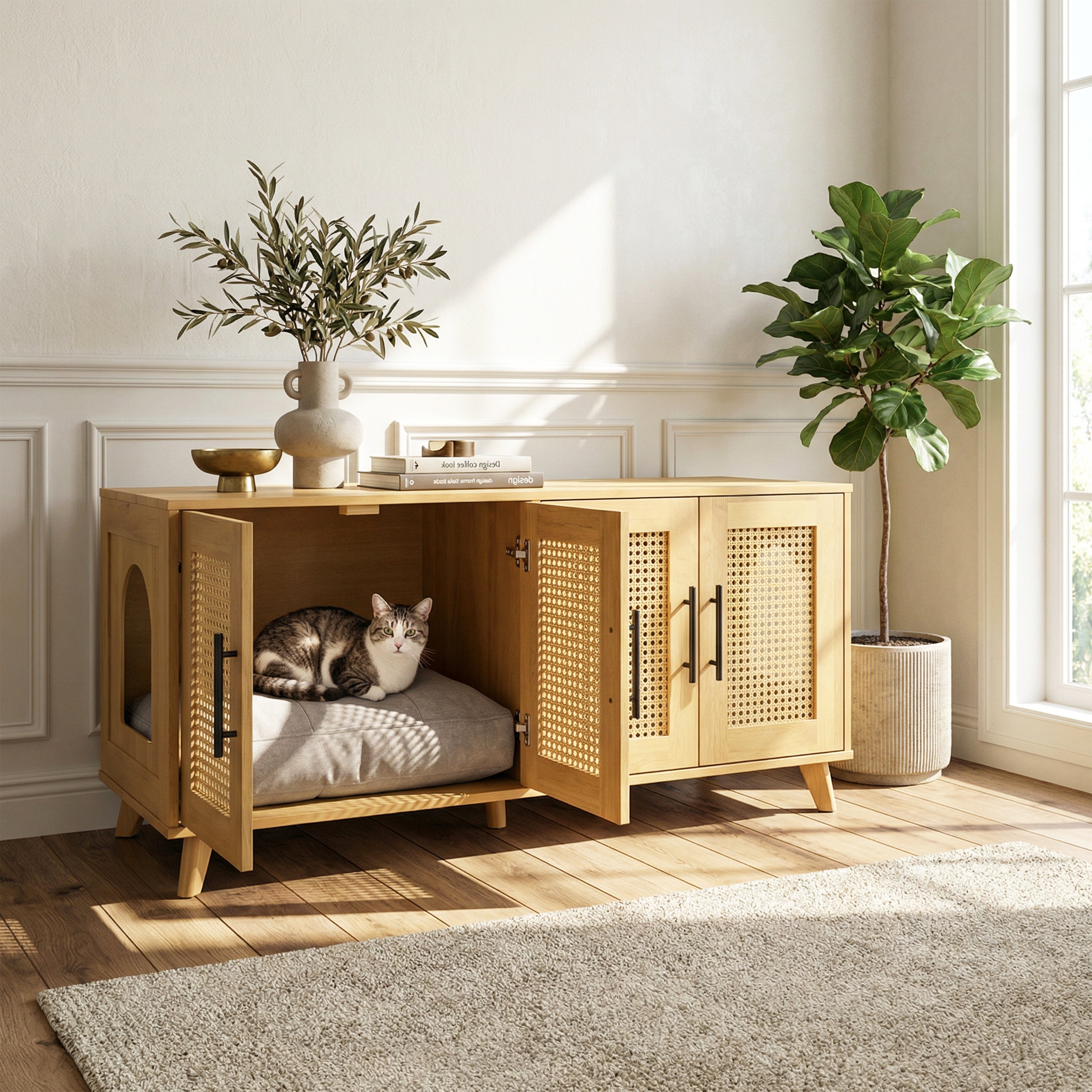 Myra Rubber Wood Cat Cabinet with Plush Cushion - Natural, 47-Inch