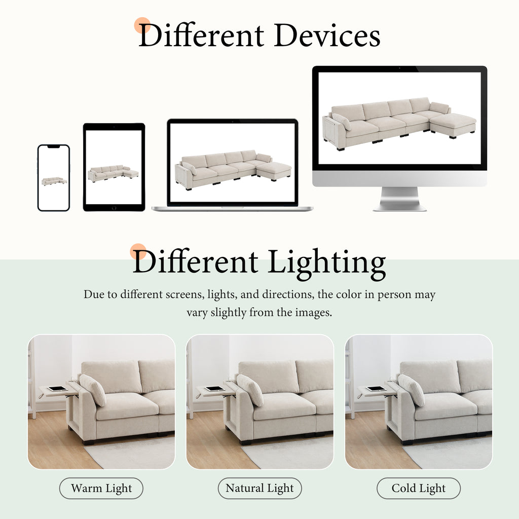 Color variations of modular sectional sofa under warm, natural, and cold lighting across different devices.