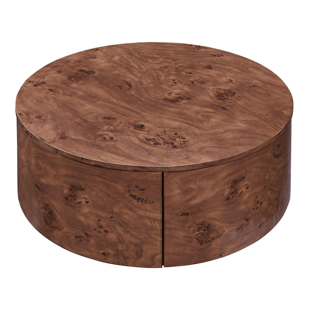 Burl Wood Coffee Table with Drawers - 360° Rotating Top.
