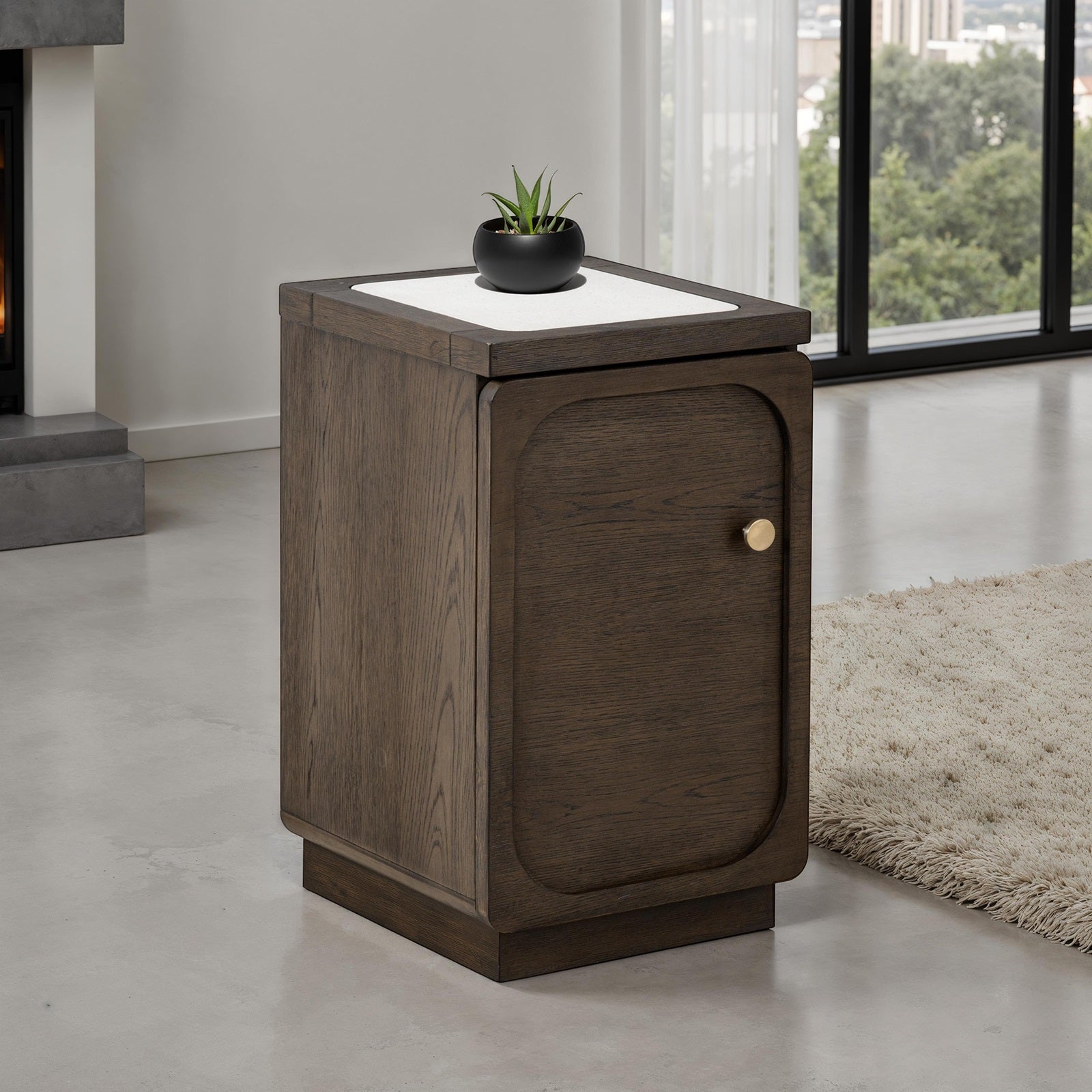 Dark walnut Transitional Side Table with white stone top and USB port, styled in a modern room setting for functional elegance.