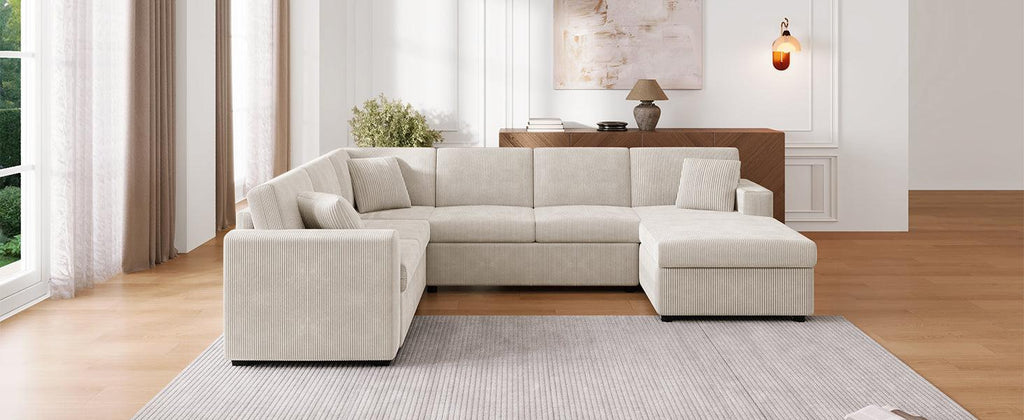 Oversized Sectional Sofa 115.3' U-Shaped Sofa with Chaise Lounge and Three Soft Throw Pillows, Light Gray Corduroy, 115.3' x 90.5'.