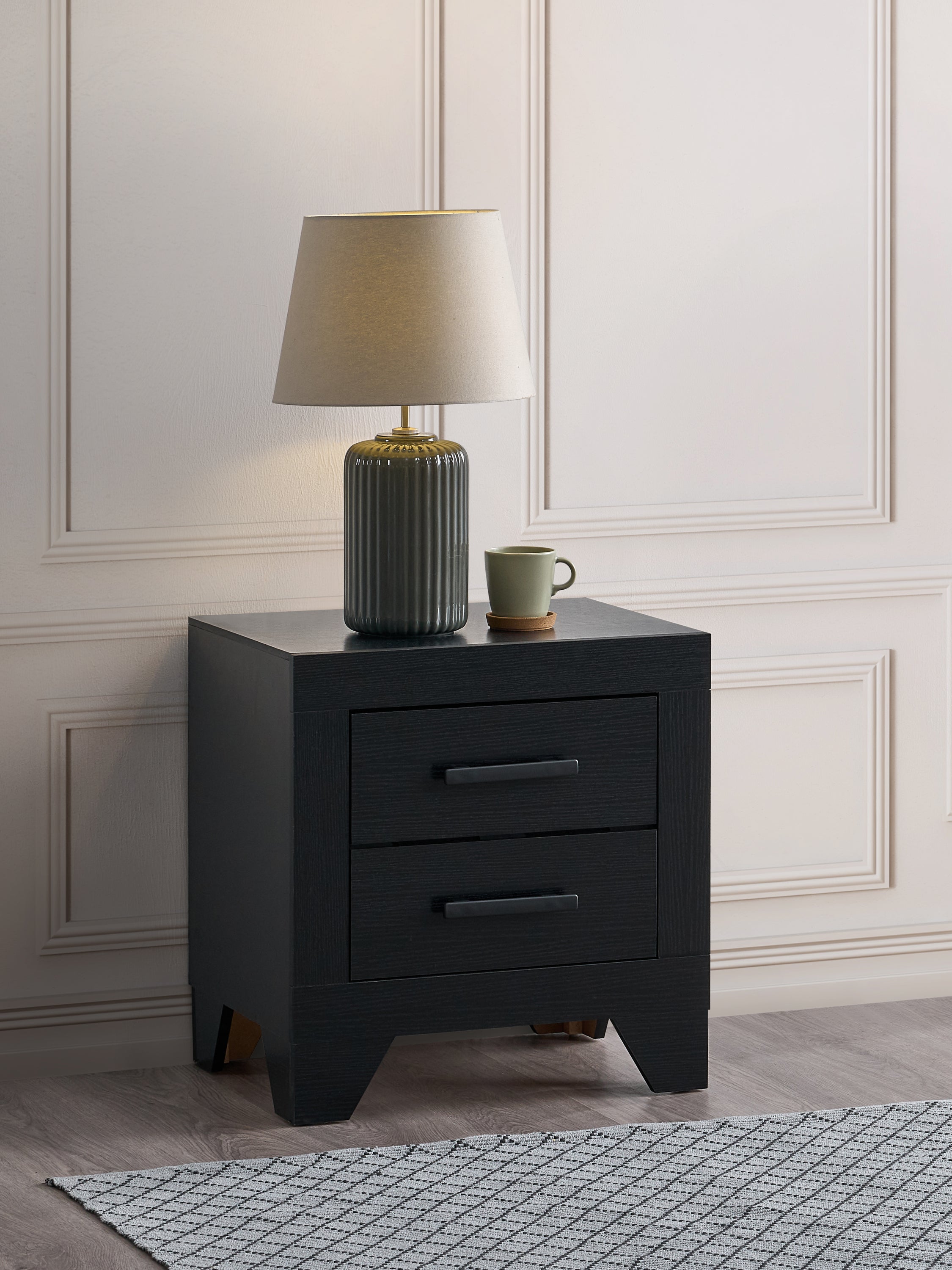 Plano Two-Drawer Wood Nightstand in Black with Modern Metal Handles