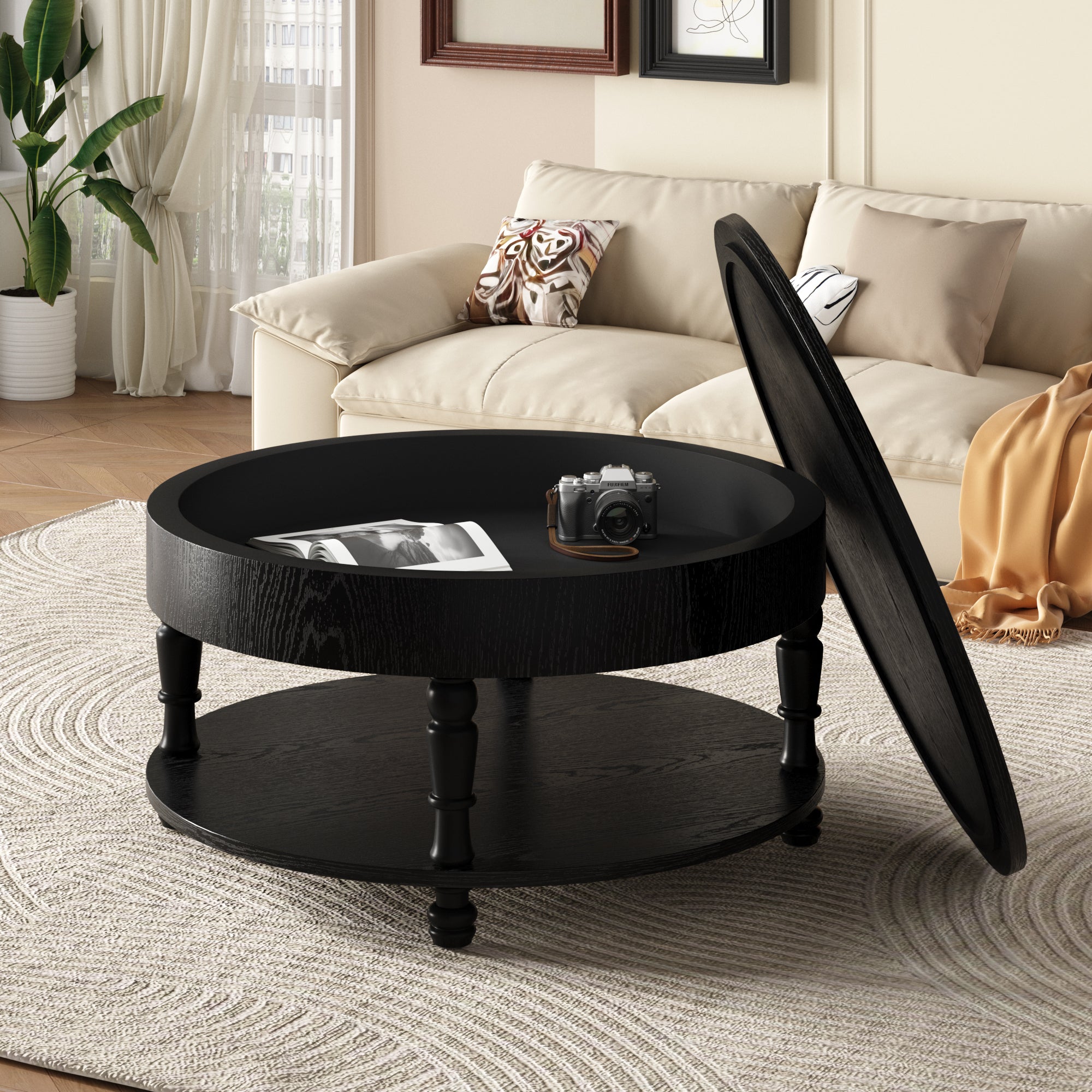 Coffee Table with Dual Storage for Living Room, 31.5' Modern Round Coffee Table with Storage and Hidden Compartment, Adjustable Leveling Feet, Easy Assembly (Black)