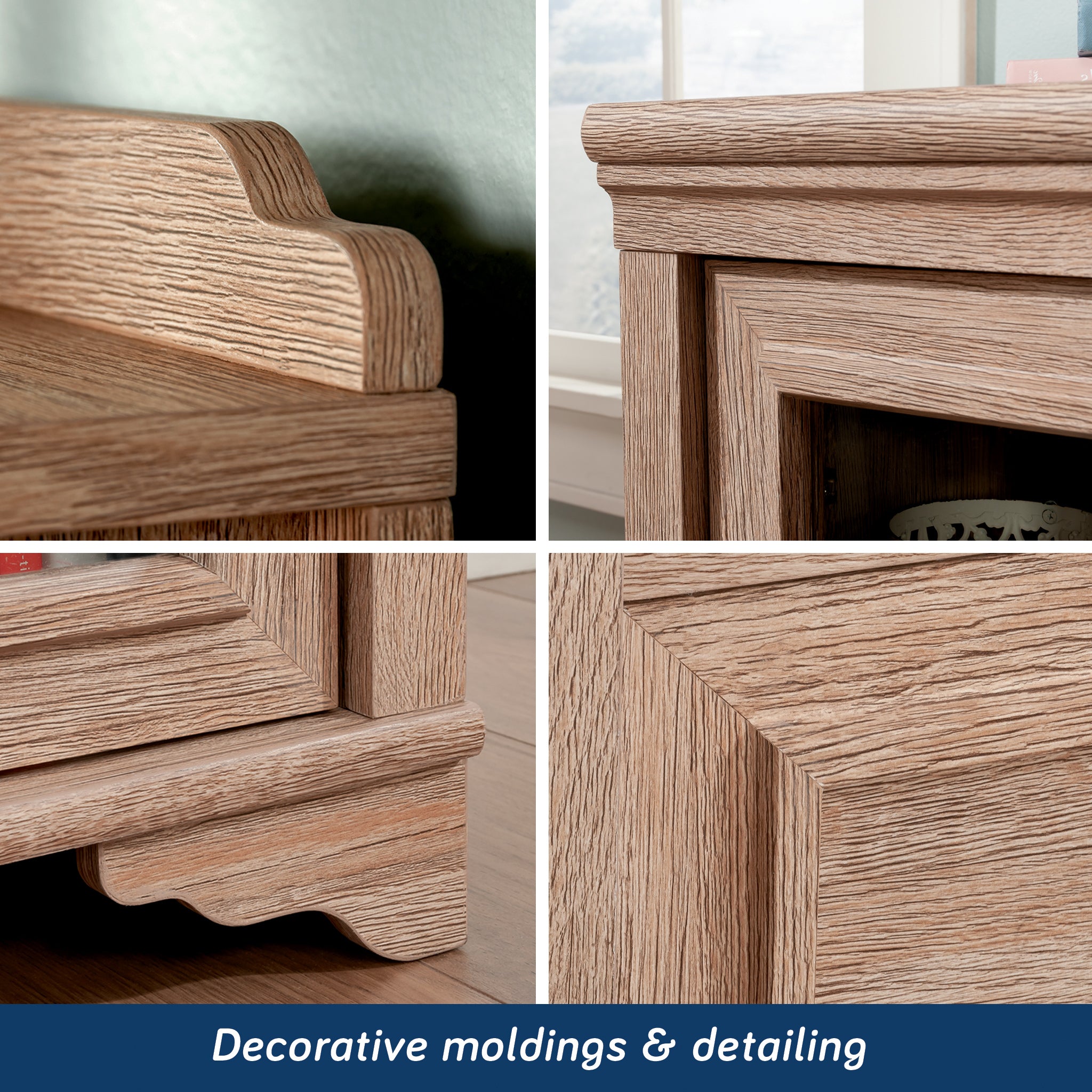 Close-up of Modern Office Credenza Set showing decorative moldings and detailed wood texture, enhancing durability and style for office storage.