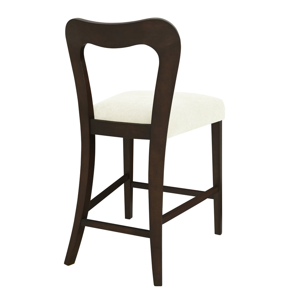 Back angle of Counter Stool Set of 2 - Dark Brown + Beige with curved wooden backrest and durable construction.