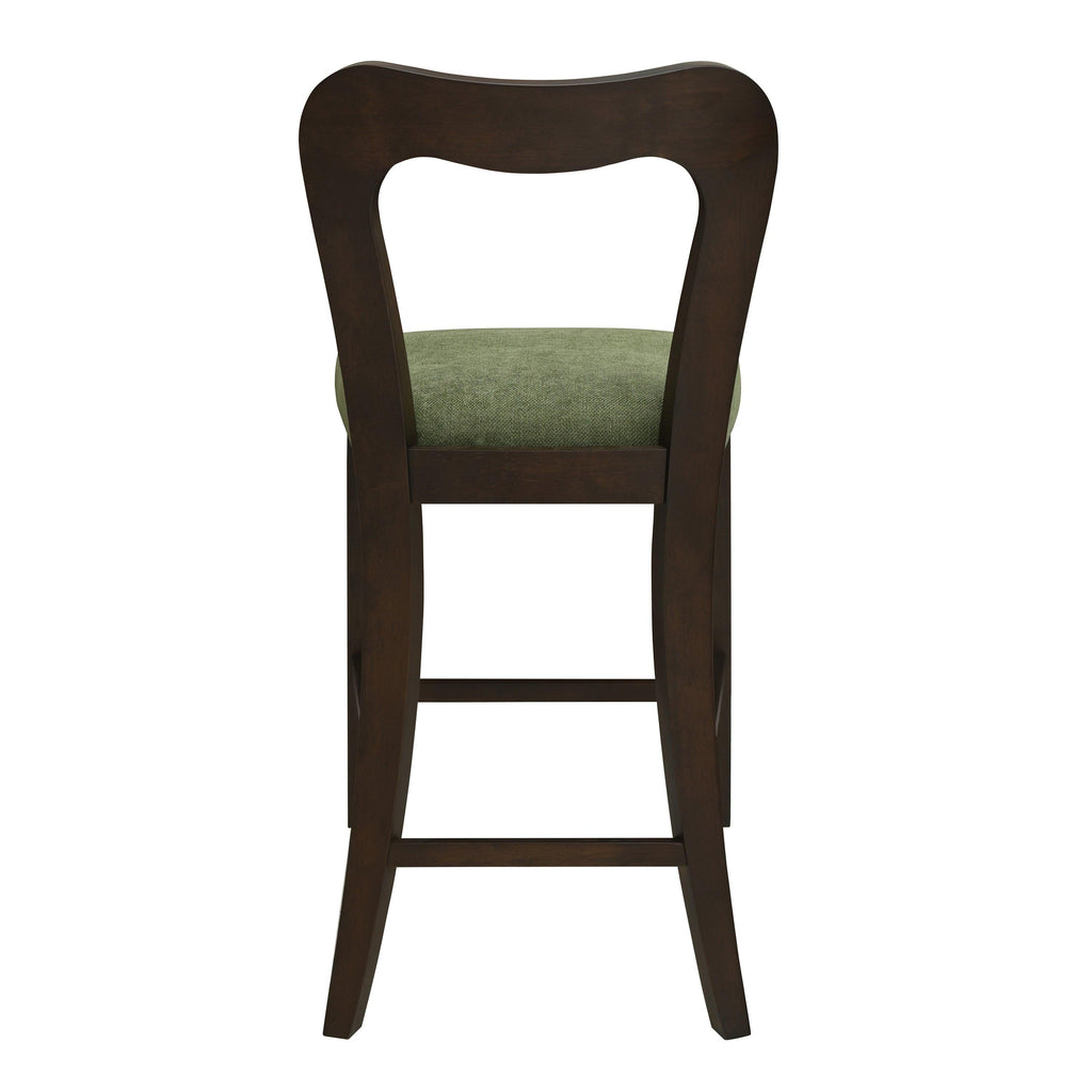 Set of 2 Rubberwood Counter Stools in Dark Brown and Green.