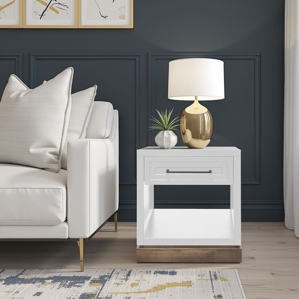 Nora 22 inch End Table with drawer and shelf in white barnwood finish, styled in a modern space with gold lamp and neutral decor.