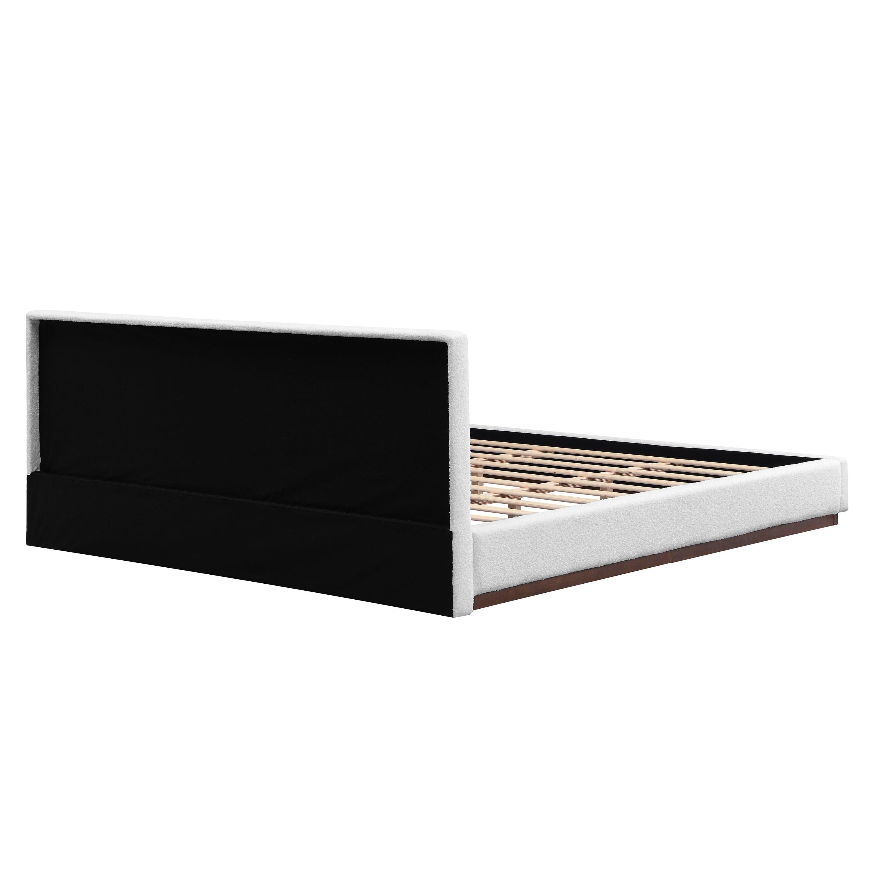 White Boucle Upholstered Bed - King Size with Solid Wood Frame.