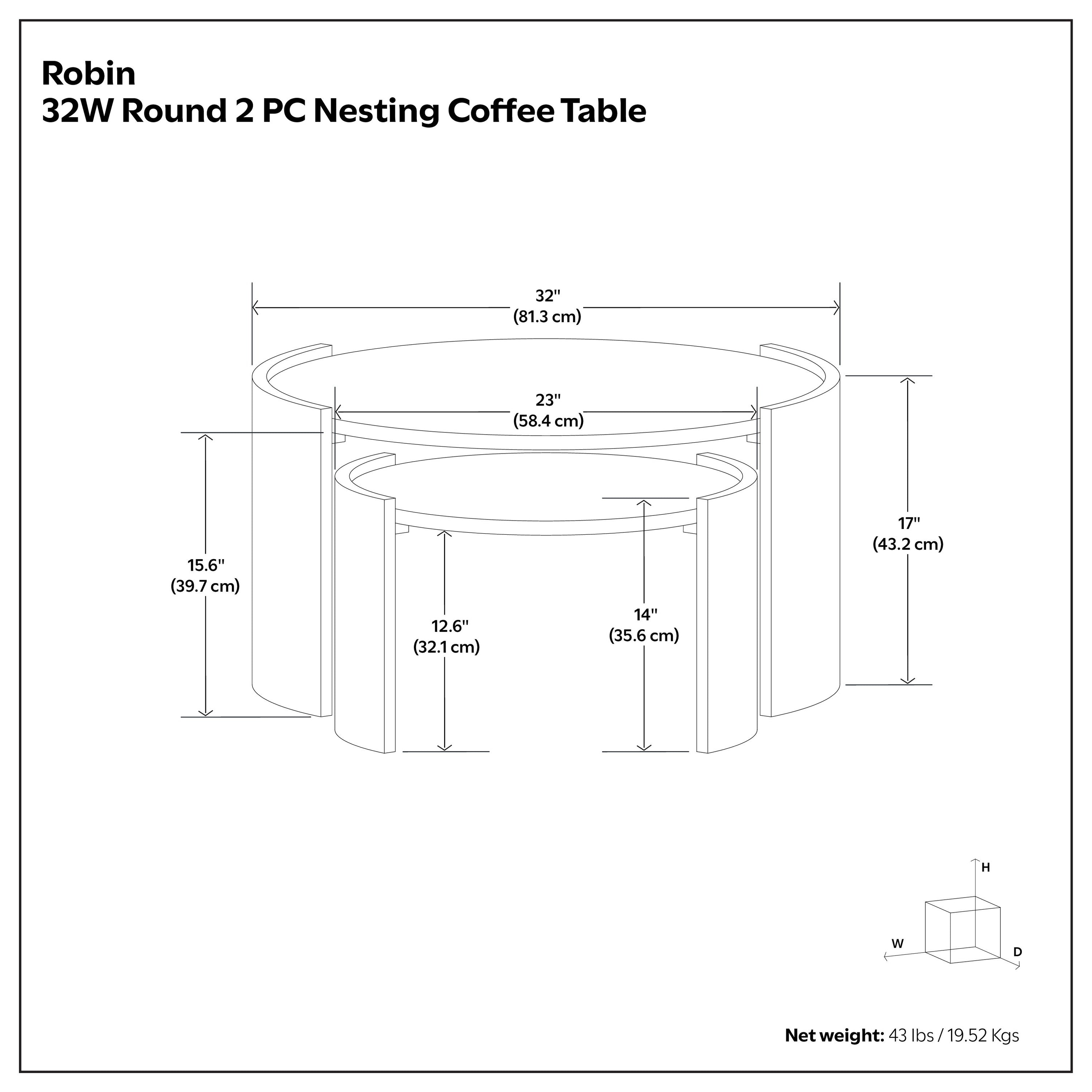 Technical diagram of Robin Wood Nesting Tables - Ash Grey with detailed dimensions and measurements for both tables in the 2-piece set.