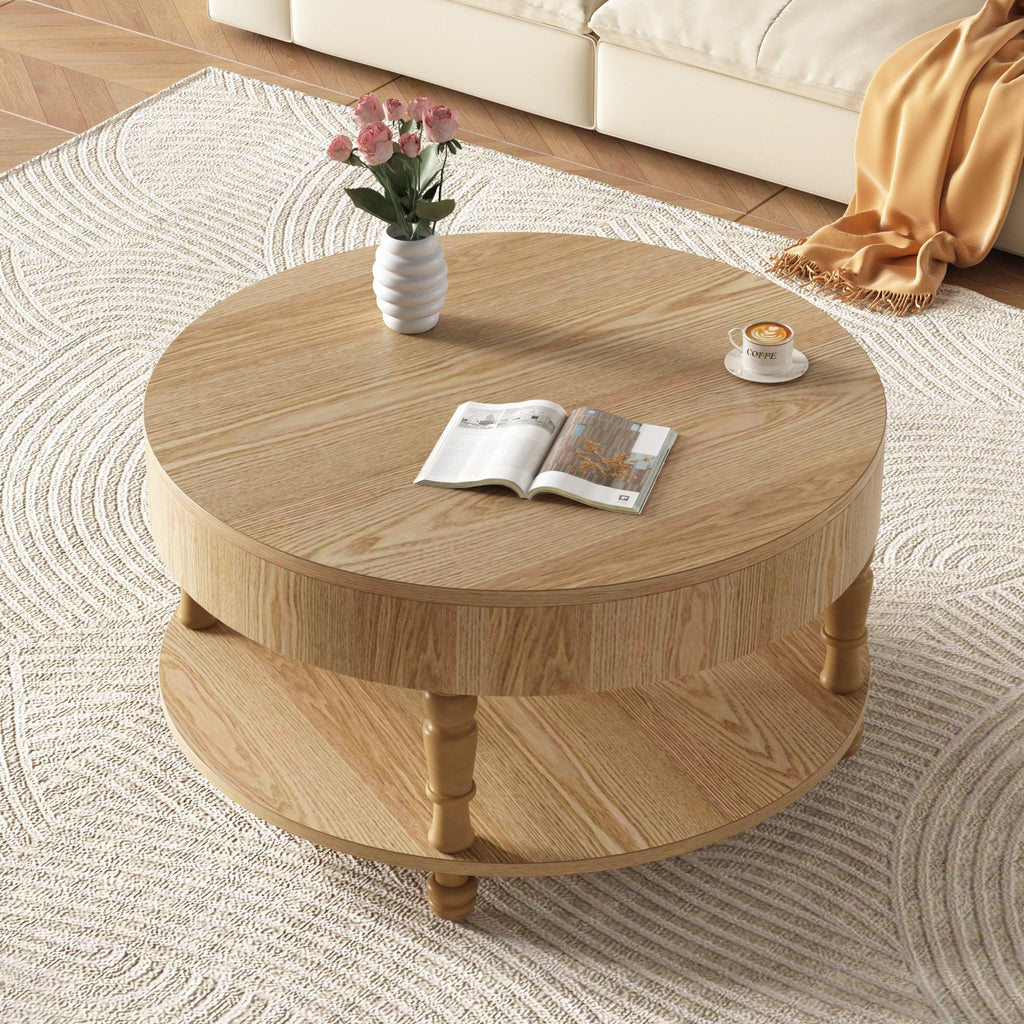 Coffee Table with Dual Storage for Living Room, 31.5' Modern Round Coffee Table with Storage and Hidden Compartment, Adjustable Leveling Feet, Easy Assembly(Natrual Wood).