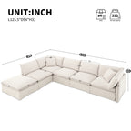 Dimensions of modular sectional sofa with ottoman shown in inches, highlighting its large seating area and customizable layout.
