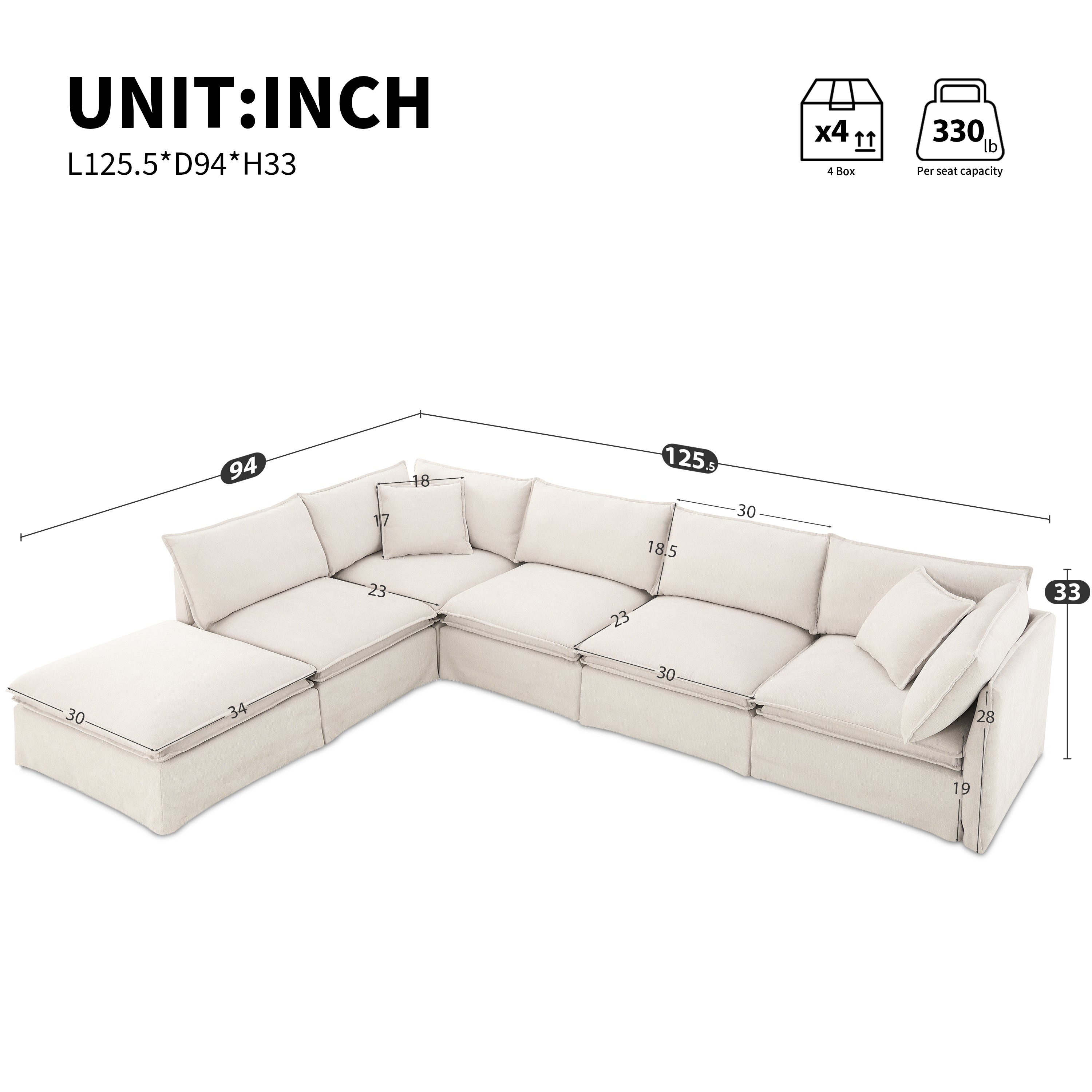 Dimensions of modular sectional sofa with ottoman shown in inches, highlighting its large seating area and customizable layout.