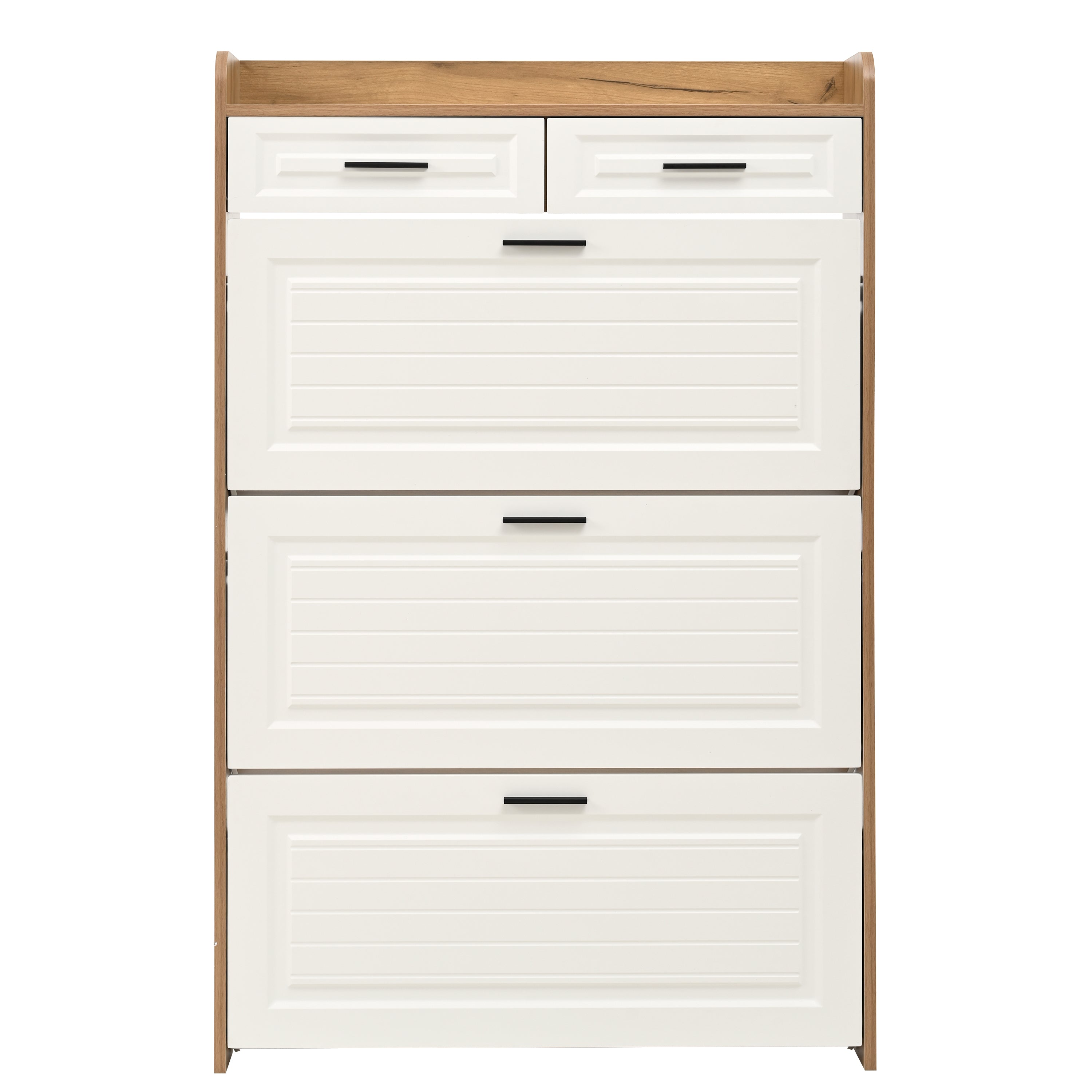 Front view of Sleek White Storage Shoe Cabinet with Drawers and Doors, showcasing its modern, space-saving design for organized shoe storage.
