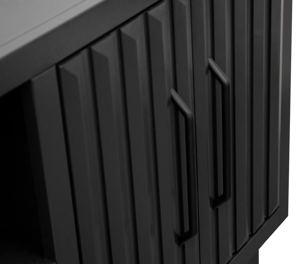Detail of Radiance TV Stand 85 inch TVs - Black Finish cabinet doors with vertical grooves and sleek black handles.