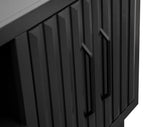 Detail of Radiance TV Stand 85 inch TVs - Black Finish cabinet doors with vertical grooves and sleek black handles.