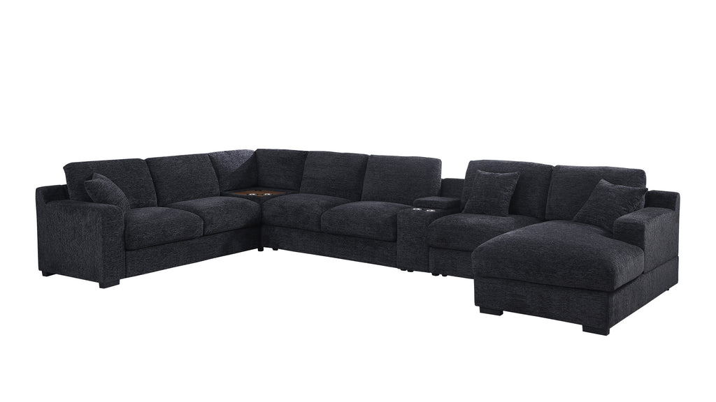 Celine dark gray sectional sofa with chaise and built-in cupholders. Spacious modular seating ideal for large living rooms.