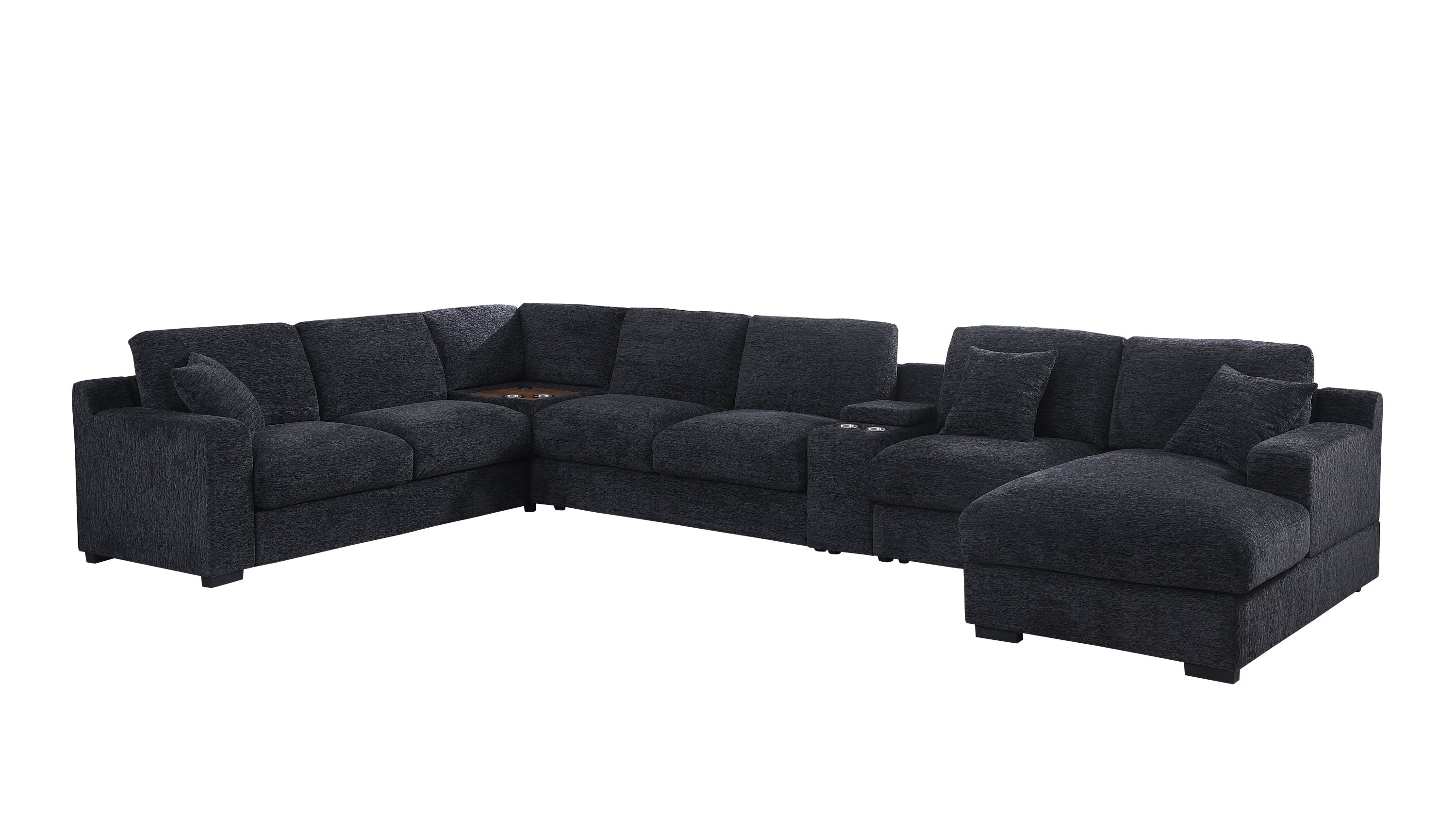 Celine dark gray sectional sofa with chaise and built-in cupholders. Spacious modular seating ideal for large living rooms.