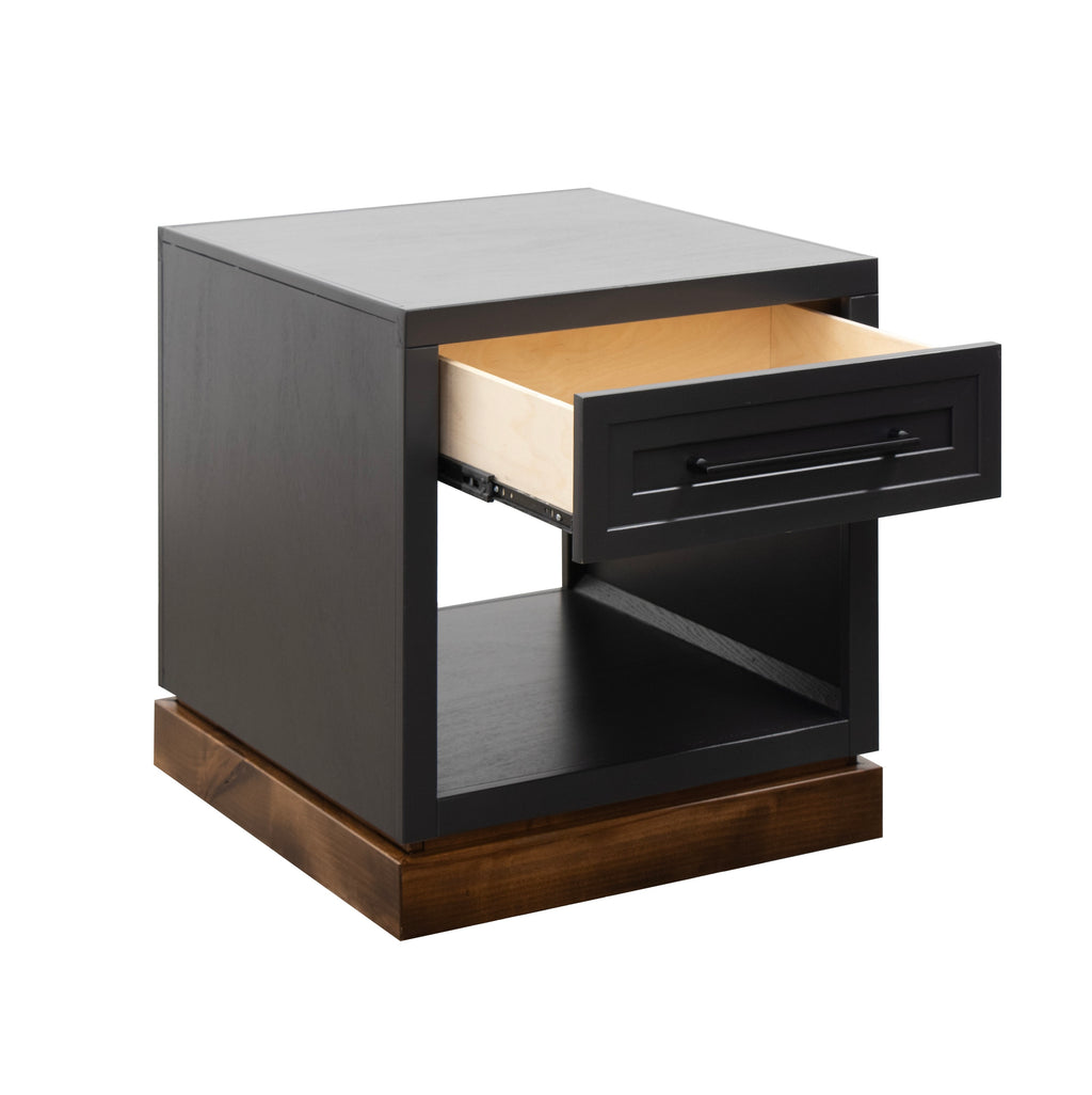 Side angle of Nora 22 Inch End Table with drawer extended, highlighting smooth glide and functional storage in modern design.