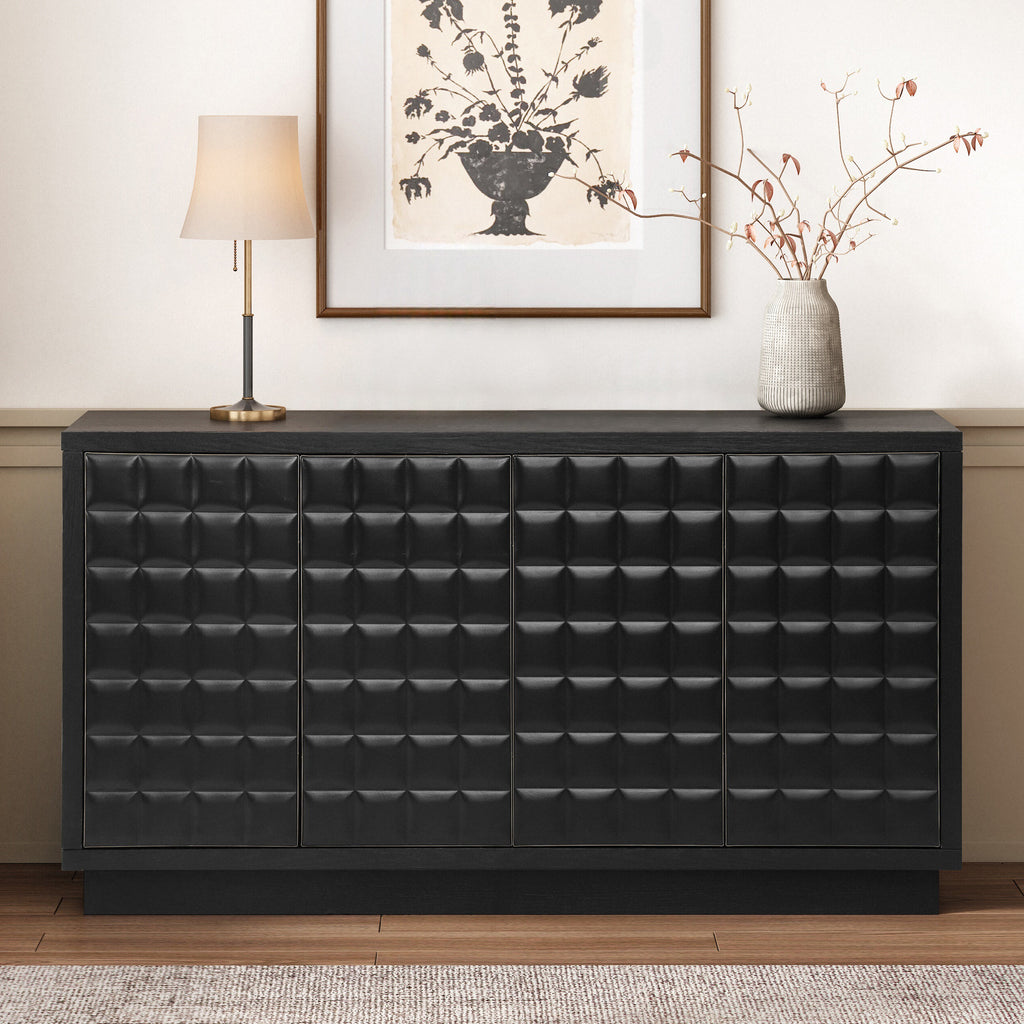 4-Door Storage Cabinet with geometric doors and metal trim in black finish, styled in a modern living room with decorative accents.