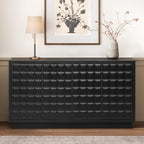 4-Door Storage Cabinet with geometric doors and metal trim in black finish, styled in a modern living room with decorative accents.