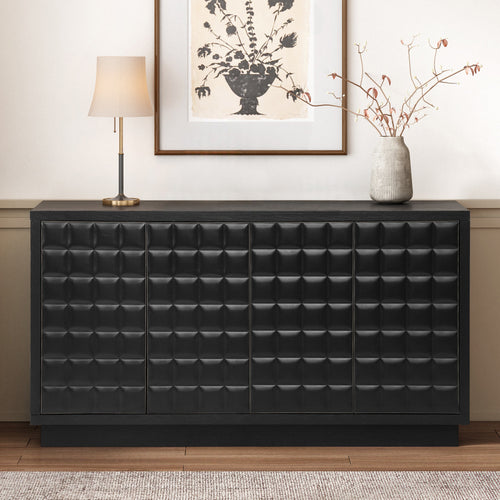 4-Door Storage Cabinet with geometric doors and metal trim in black finish, styled in a modern living room with decorative accents.