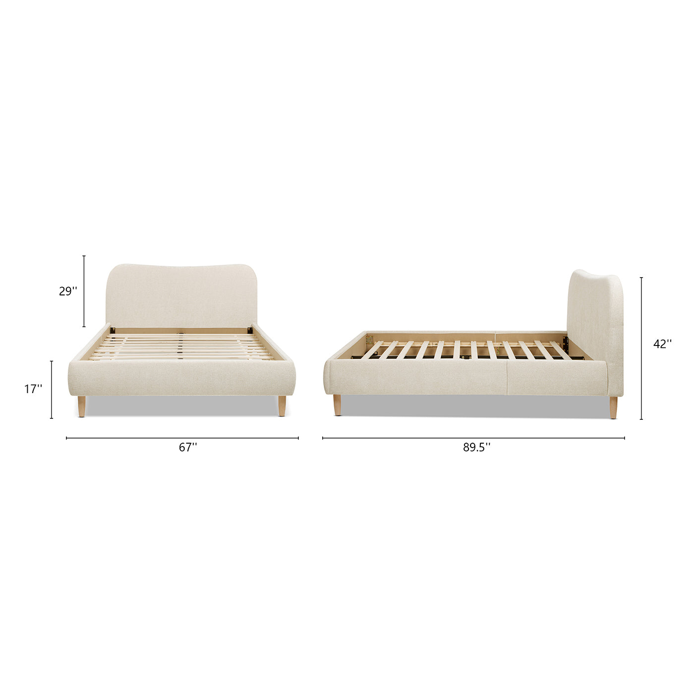 Platform Bed - Beige Upholstered Curved Headboard with detailed dimensions, showing height, width, and depth for accurate bedroom planning.