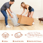 Unboxing guide for Modern Sectional Couch - Minimalist Sofa | 4 Seats, showing easy setup steps: unbox, unroll, and wait 48–72 hours for full expansion.