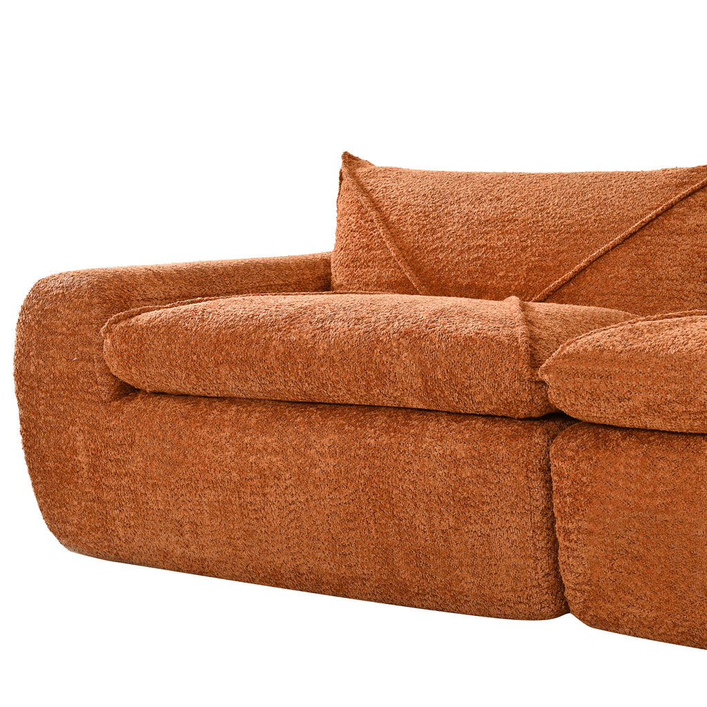 Side view of 116'' compressed sofa no assembly showing thick armrest and soft cushion in high density foam and chenille fabric.