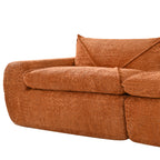 Side view of 116'' compressed sofa no assembly showing thick armrest and soft cushion in high density foam and chenille fabric.