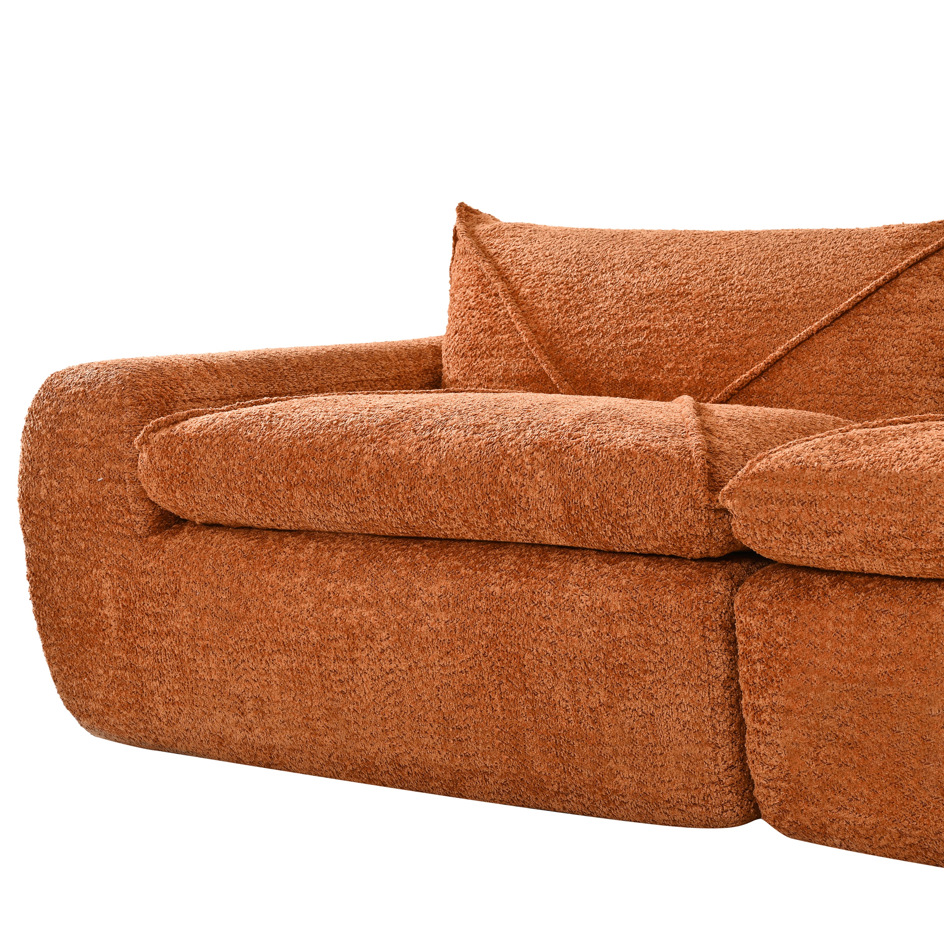 Side view of 116'' compressed sofa no assembly showing thick armrest and soft cushion in high density foam and chenille fabric.