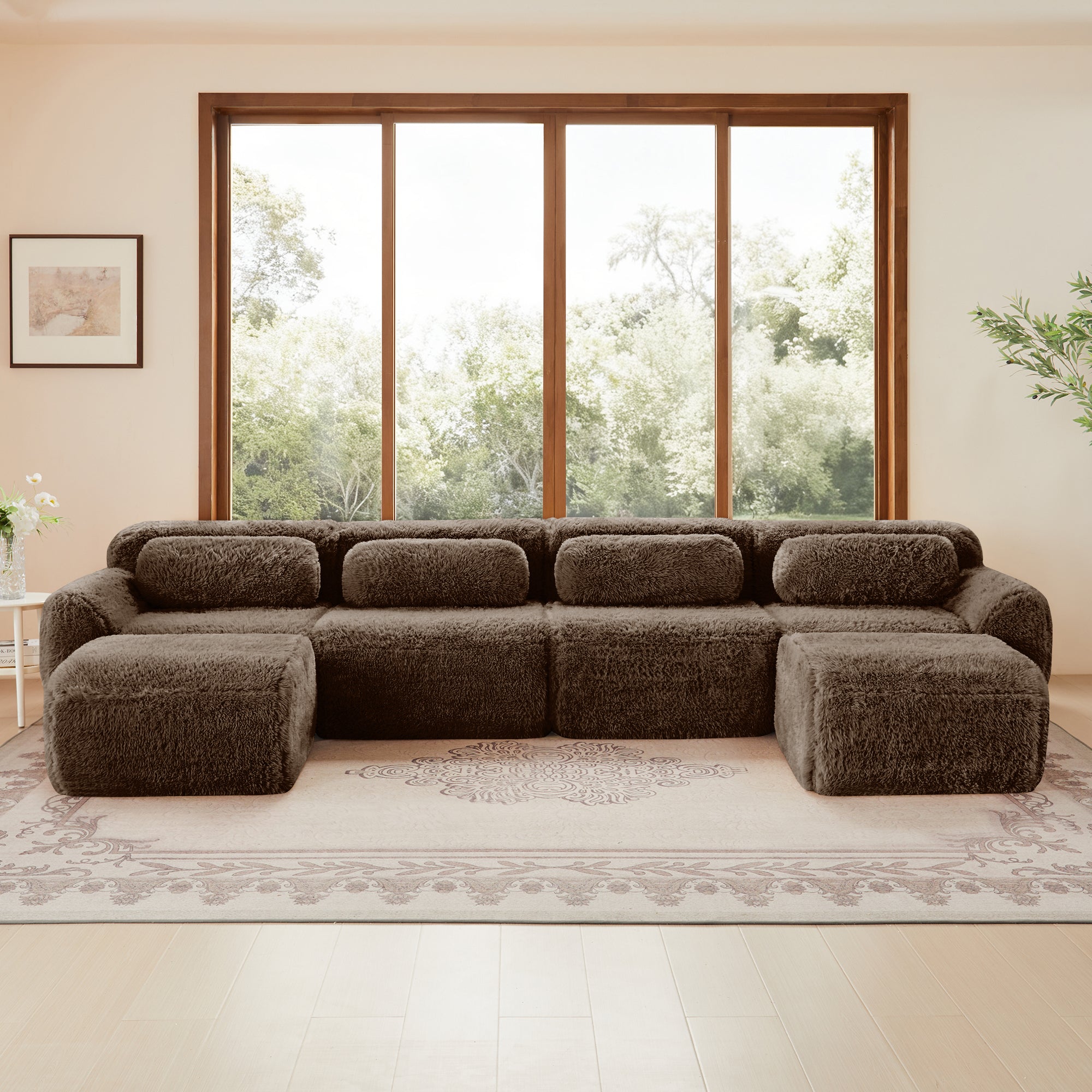 Chocolate U-Shaped Modular Sofa with anti-slip base and ergonomic design, placed in a spacious room with large windows.