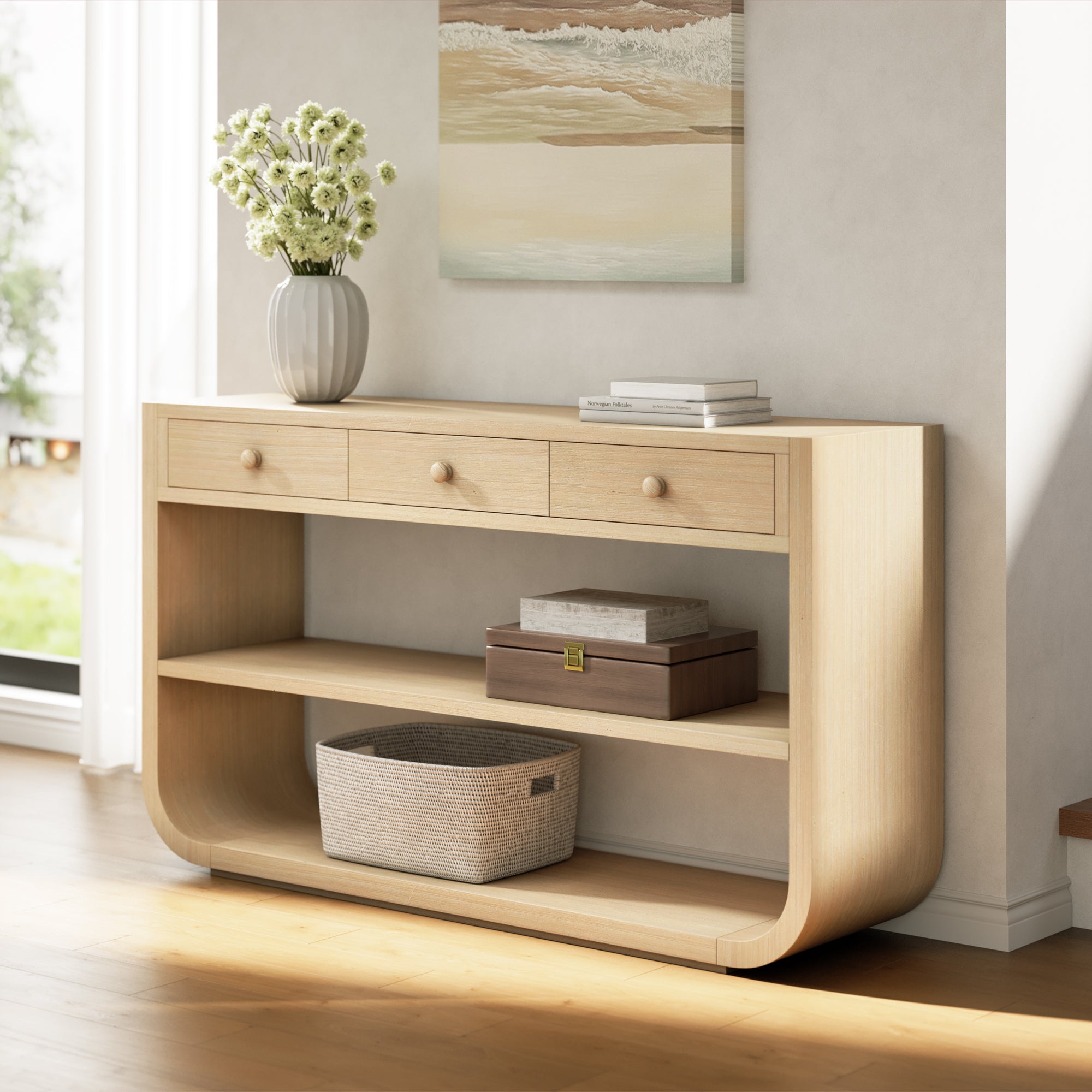 55-Inch Modern Curved Console Table with 3 Drawers in Natural Wood