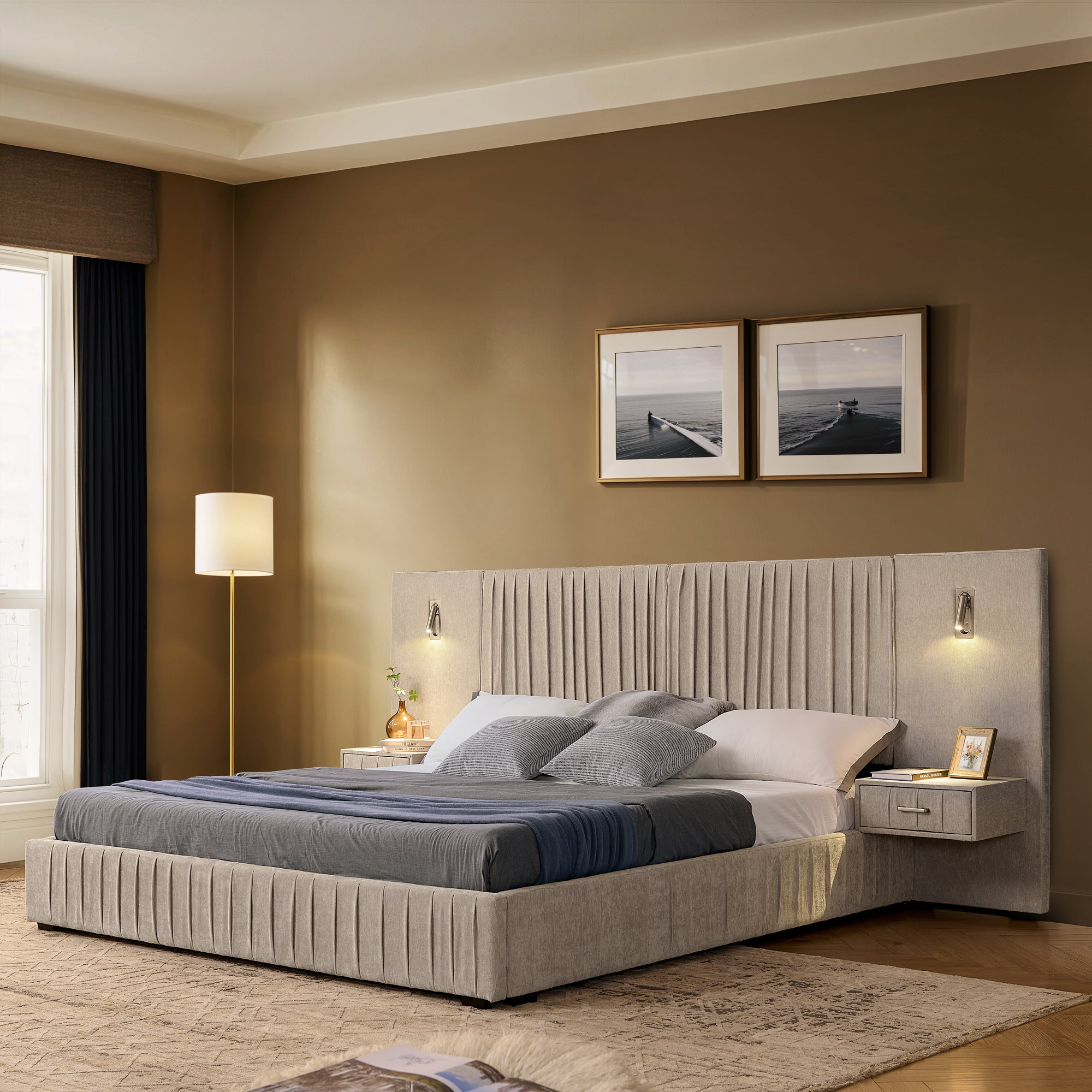 Queen upholstered bed with pleated headboard, built-in lamps, and floating nightstands in a modern bedroom. No box spring needed platform frame.