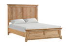 Farmhouse full size bed in oak finish with plank headboard, crafted from solid wood for a rustic and durable bedroom centerpiece.