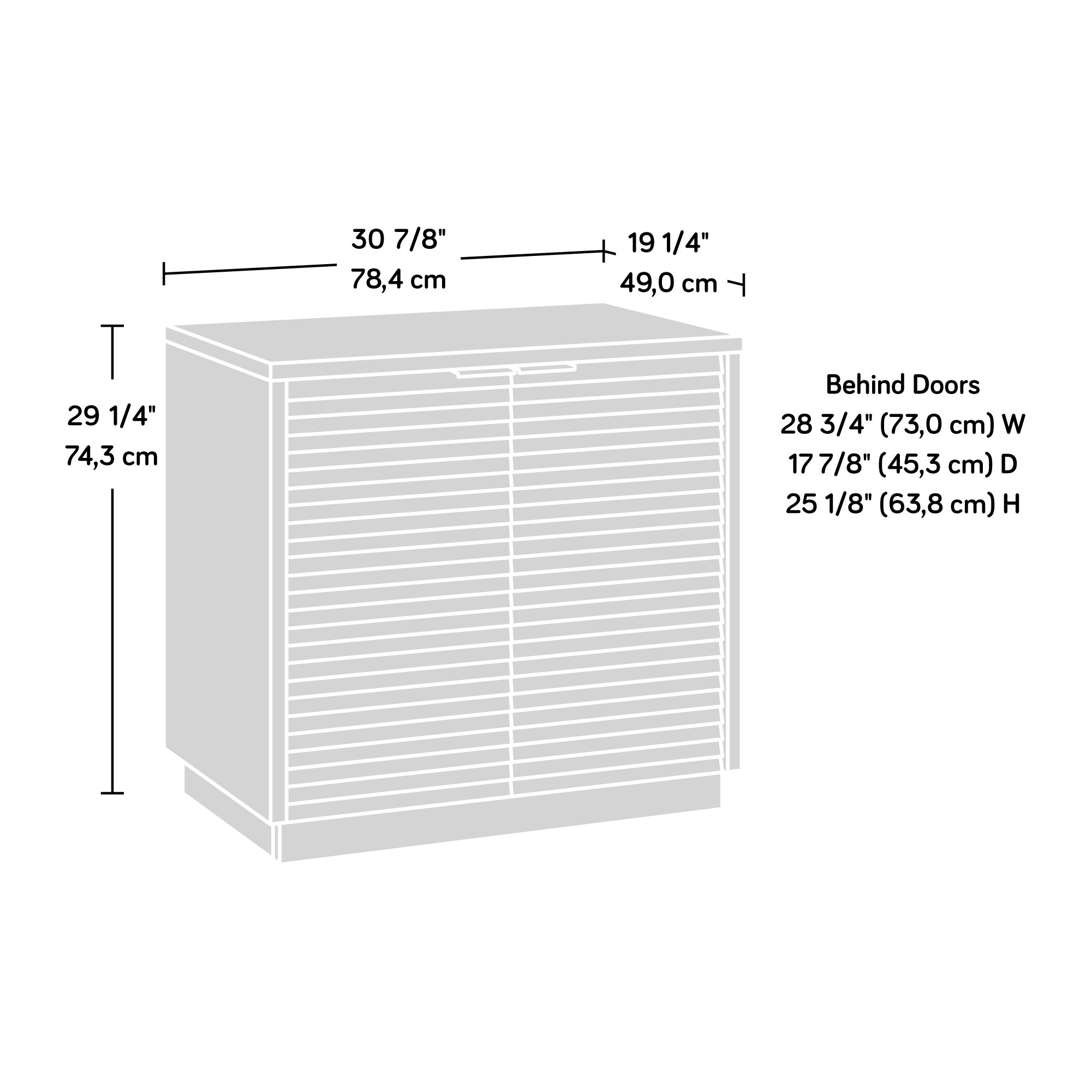 Dimension diagram of Library Base, Brown finish cabinet showing width, depth, and height for accurate space planning.