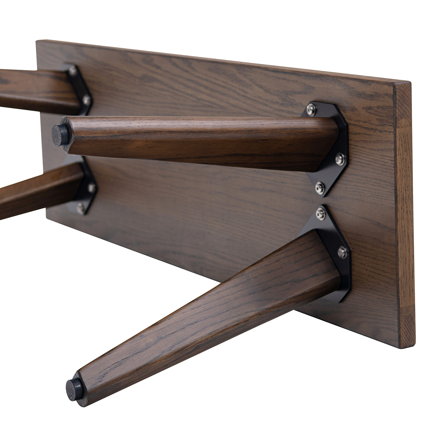 Underside view of Capri red oak wood bench showing sturdy leg attachments. Reinforced hardware ensures long-lasting durability.