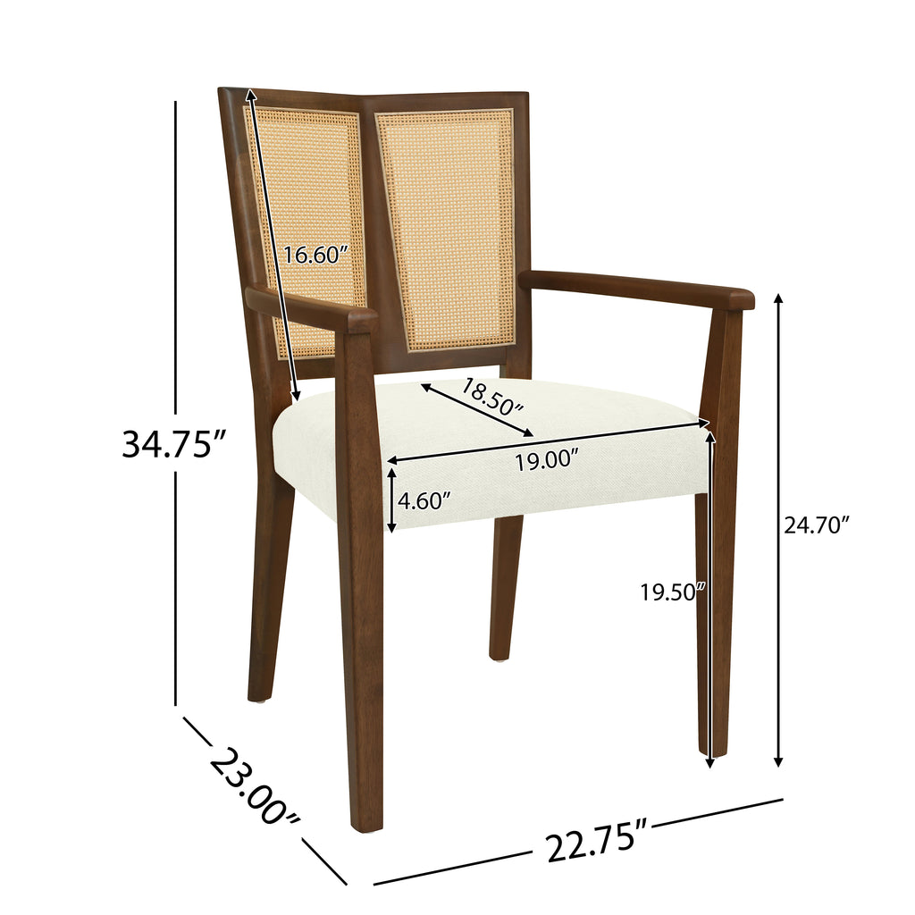 Mid-Century Rattan Dining Chair with detailed dimensions, highlighting seat height, width, and armrest height for accurate fitting.