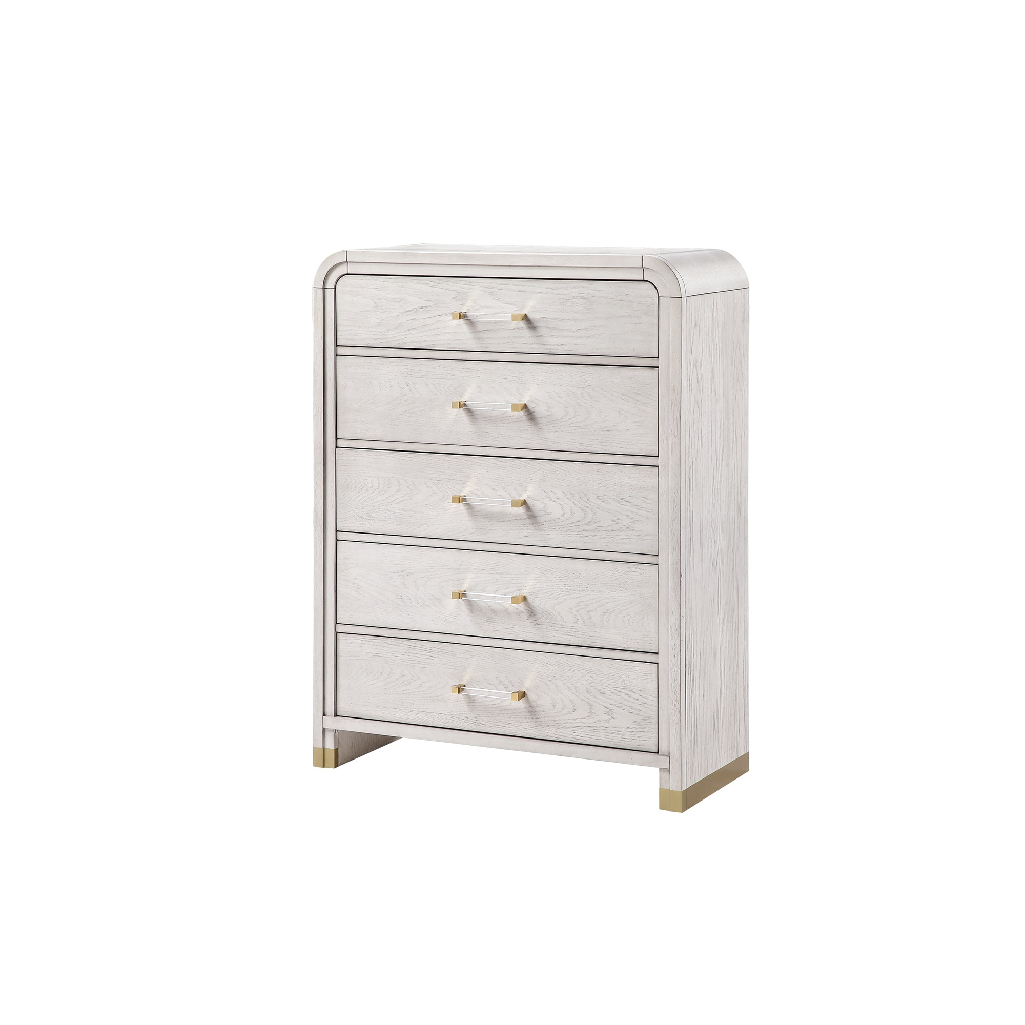 Side angle of Malco Oak Chest with five drawers, acrylic handles, and gold details, offering stylish and functional storage for contemporary bedrooms.