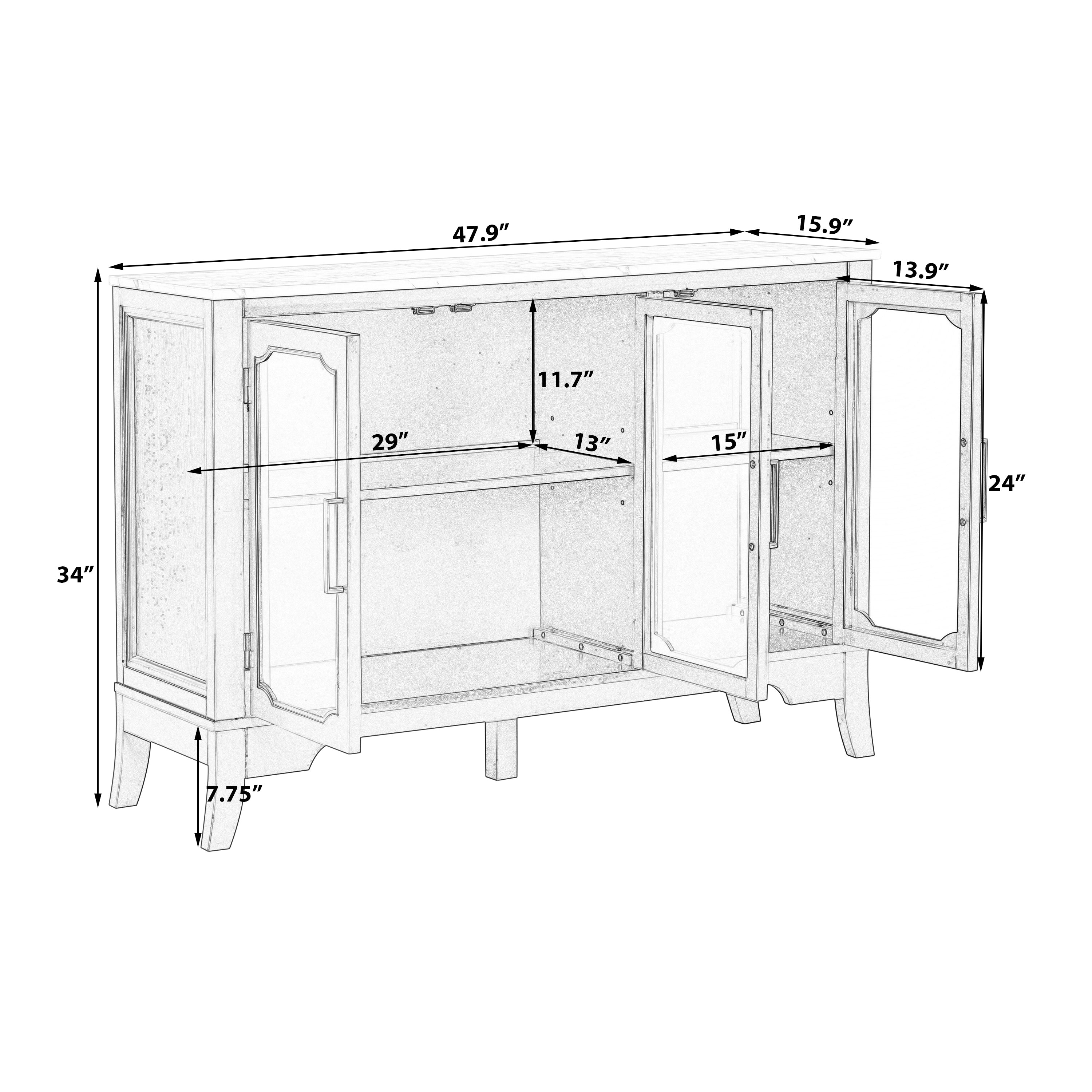 Dimension diagram of large storage cabinet with adjustable shelves, showing internal measurements and 3-door layout in black and white.