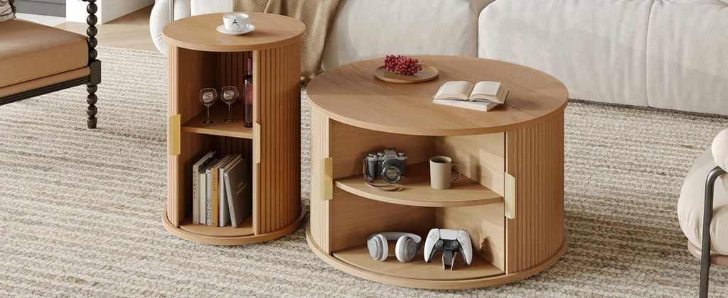 [Assembly Video]Mid-Century Coffee Table Set with Sliding Tambour Door, Round Fluted End Table With Storage, Golden Handle Tall & Low Side Table with Wooden Finish for Living Room, Set of Two ,Natural