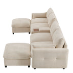 Side view of modular sectional sofa with plush cushions and ottoman, emphasizing comfort and modern design.