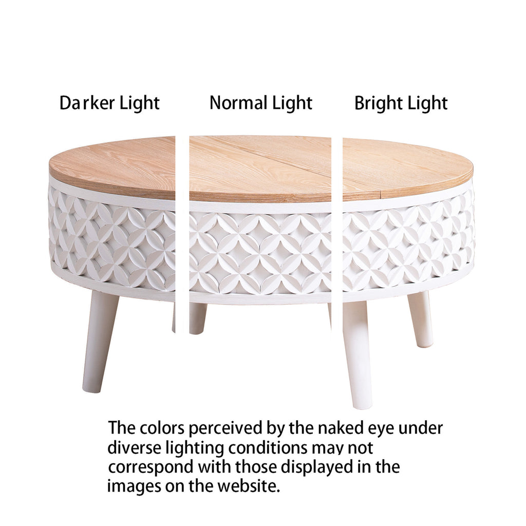 Round coffee table with white carved base and natural wood top shown under different lighting conditions to illustrate color variation.