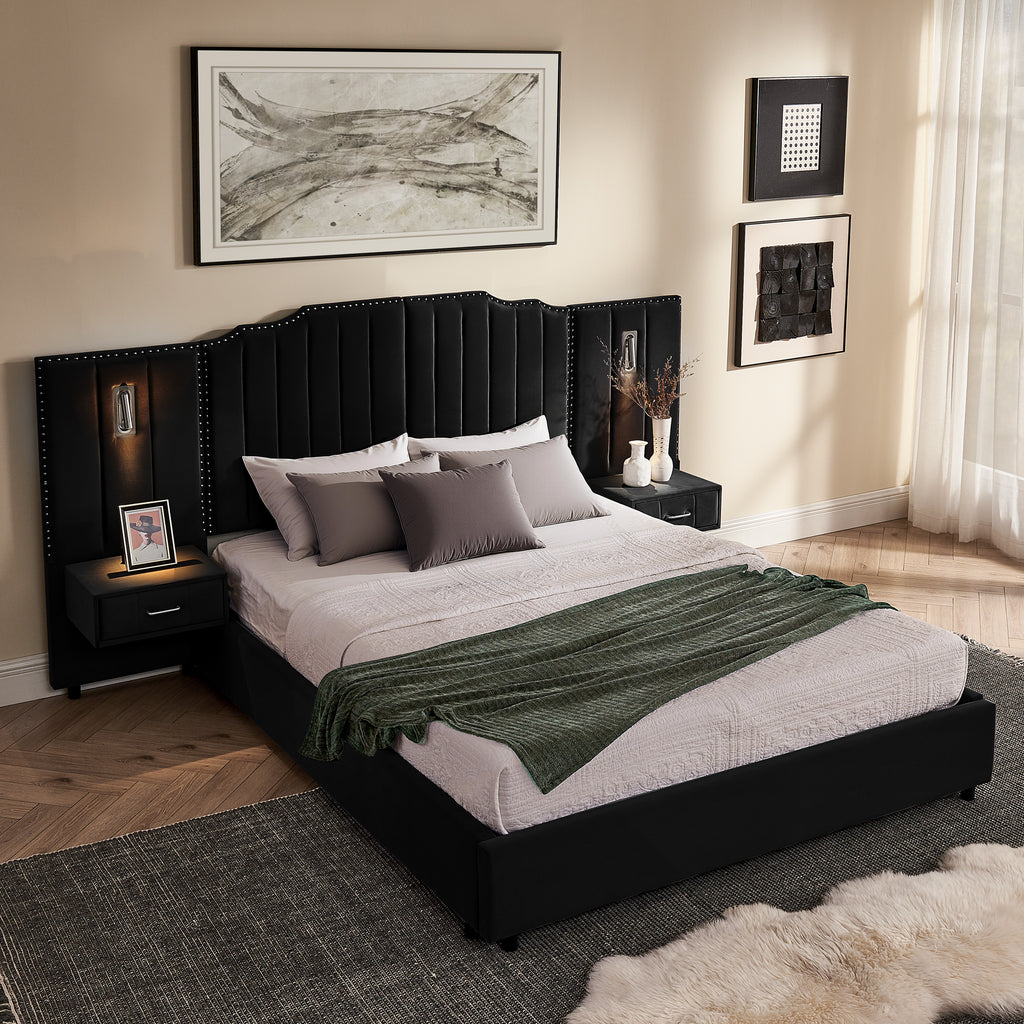 Black velvet queen bed frame with vertical stitched headboard and dual bedside tables, ideal for stylish and organized interiors.