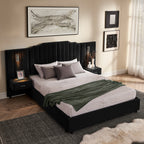 Black velvet queen bed frame with vertical stitched headboard and dual bedside tables, ideal for stylish and organized interiors.