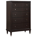 Contemporary 5-drawer chest in rich dark brown wood with silver knobs and tapered feet with silver accents.