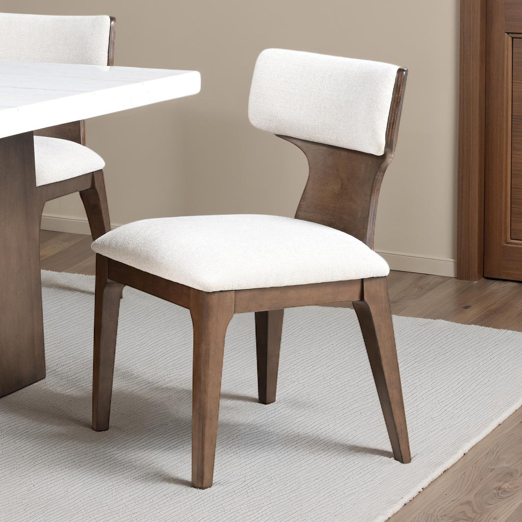 Contemporary Dining Chairs - Brown 2pc Set with curved wood backrest and cushioned seat, placed beside a white dining table.