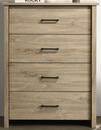 Close-up of Light Oak 4-Drawer Chest - Black Handles showing wood grain texture and sleek drawer alignment for practical storage.