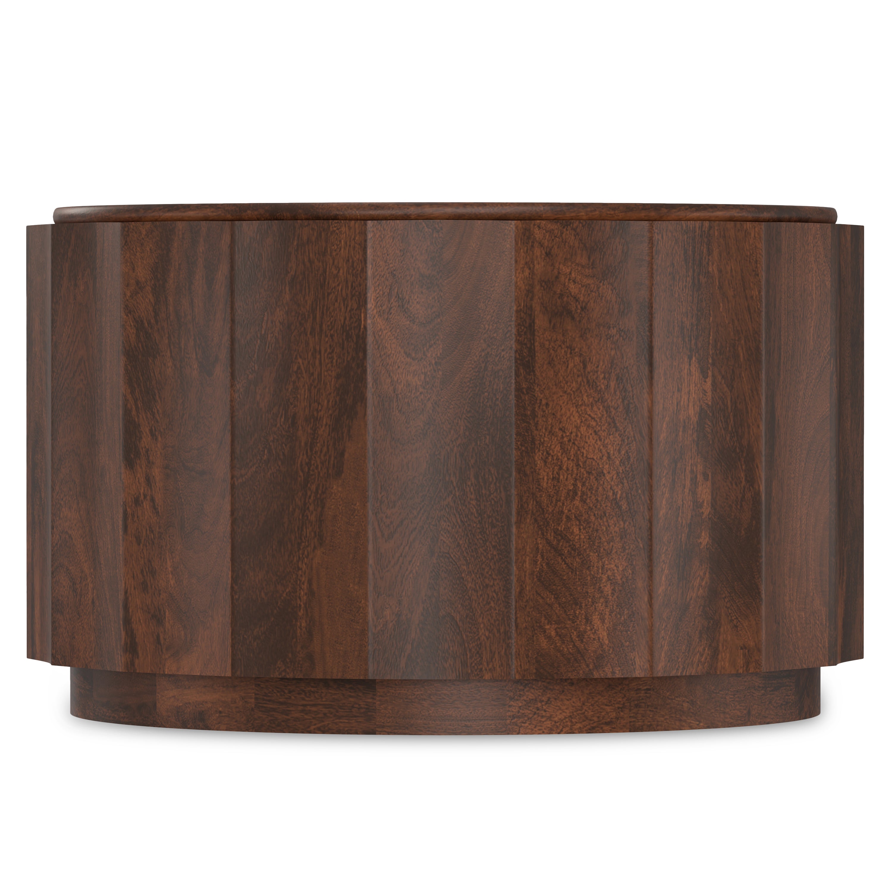 Side view of Trenton Coffee Table - Walnut Brown highlighting its fluted panel design and eco-friendly mango wood construction.