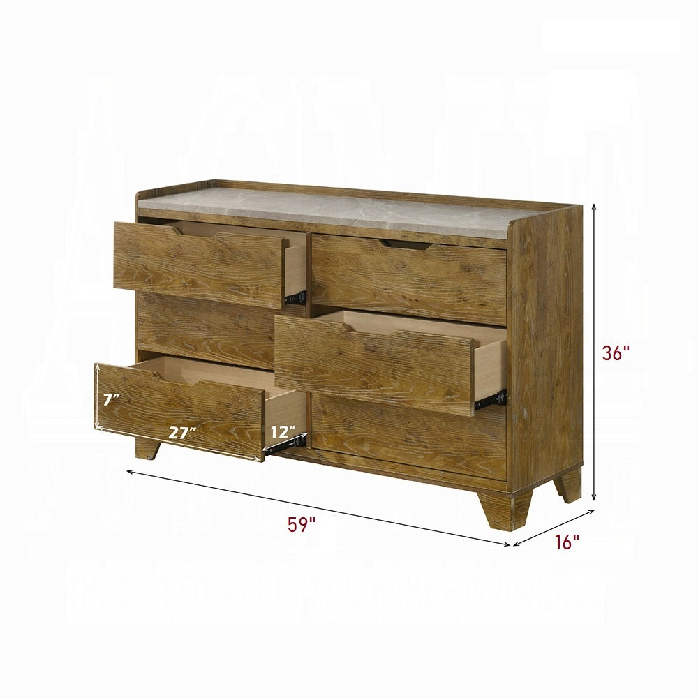 Dimensional view of transitional brown dresser with 6 drawers, showing measurements and drawer depth for storage capacity.